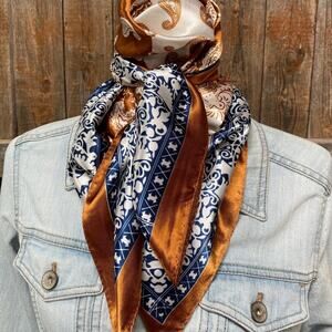 Two Tone Rust Navy Paisley Printed Western Southwestern Wild Rag Scarf Accent